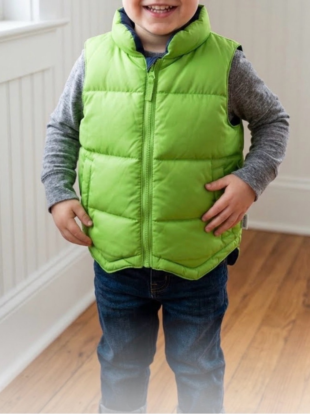 ONE KID”” Reversible Green / Blue  Puffer Vest with Pockets 3T